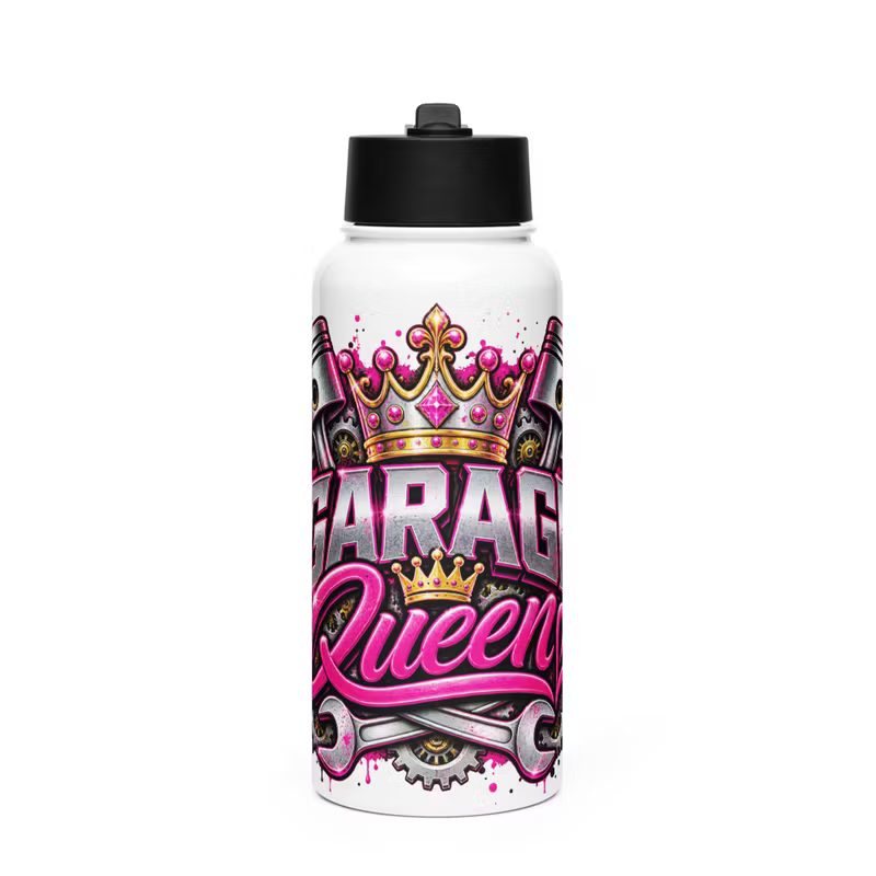 Garage Queen Pin-Up – Rostfri stålflaska med sugrörslock – Vit – 0,95 L