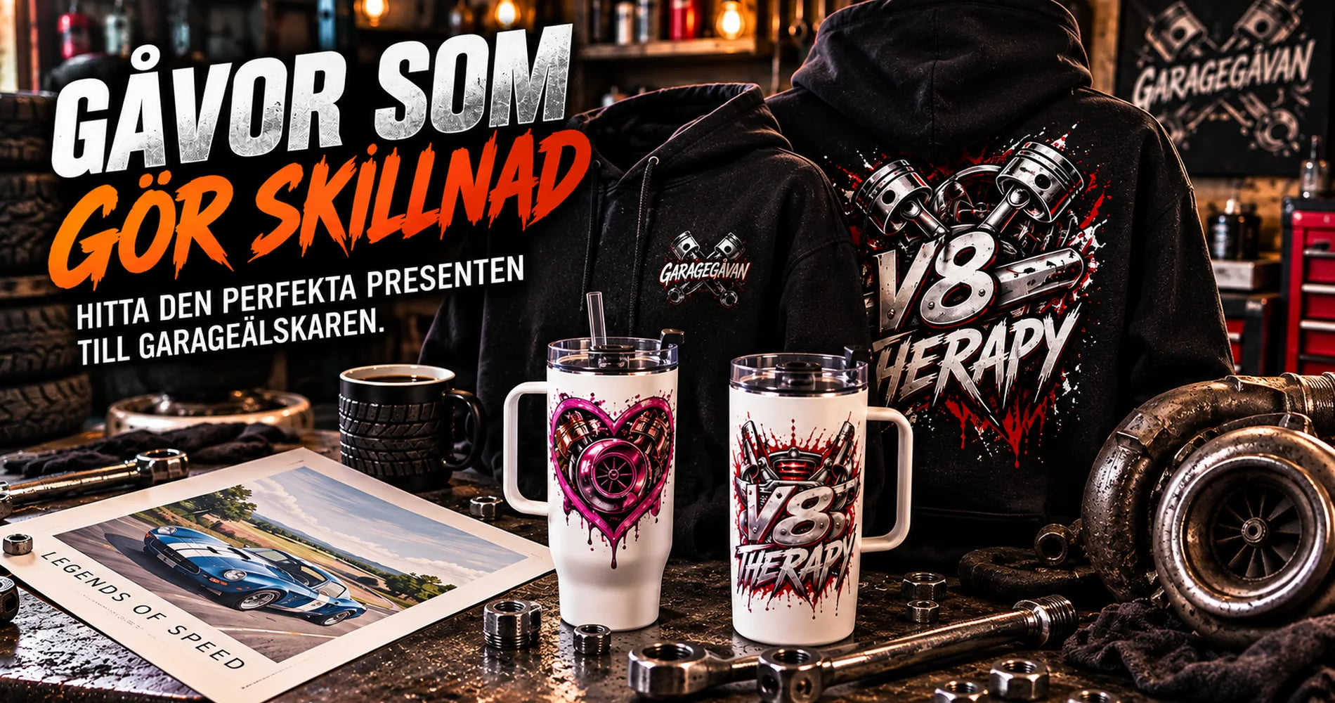 Garagegåvans kampanj med hoodies, muggar och V8 Therapy-design