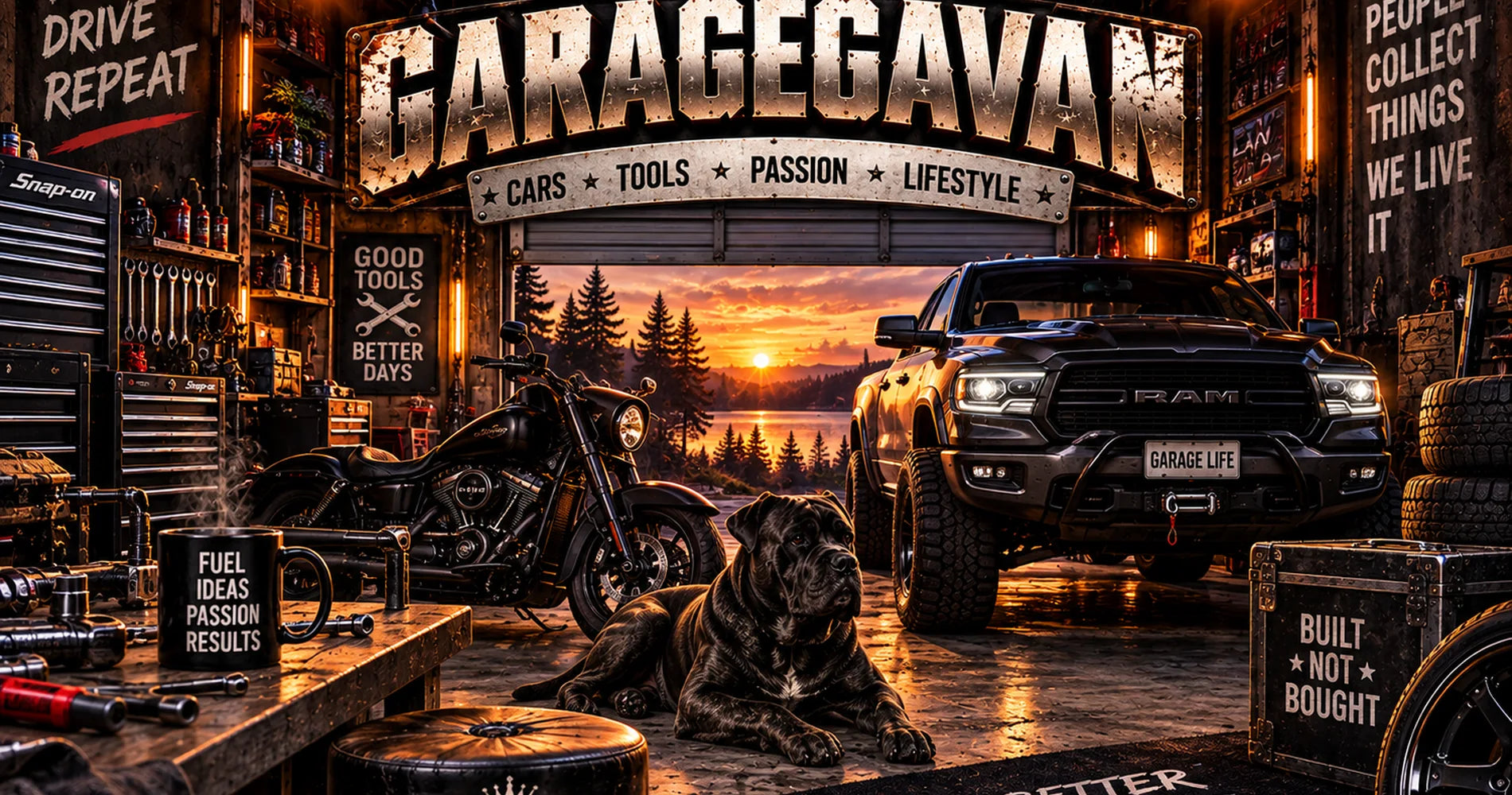 Garagegåvan V8 i mörk neonbelyst verkstad